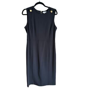 Calvin Klein Black Sleeveless Gold Button Sheath Dress Sz 12 LBD Office Classic